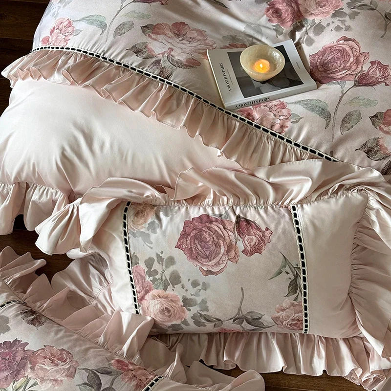 Afralia™ Rose Ruffles Bedding Set in Egyptian Cotton - Double Queen King Sizes