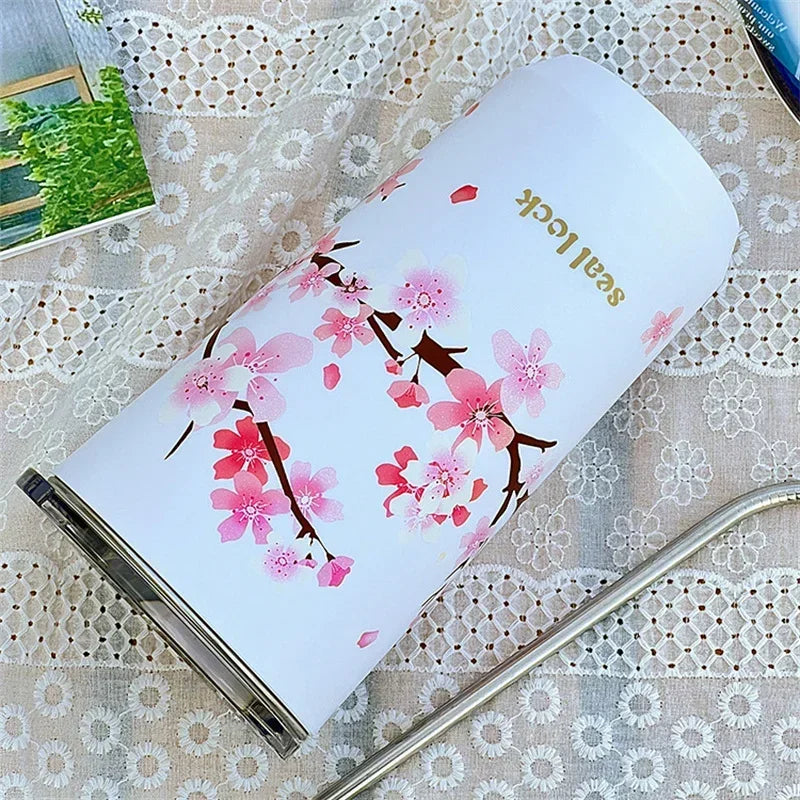Afralia™ Cherry Blossom Stainless Steel Thermal Travel Mug with Leak-Proof Lid & Straw