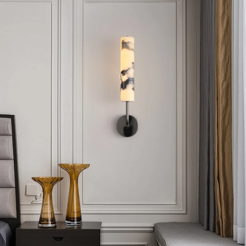 Afralia™ Carbon Steel LED Wall Lamp with Pull Chain Switch & Marble Stone Fixtures