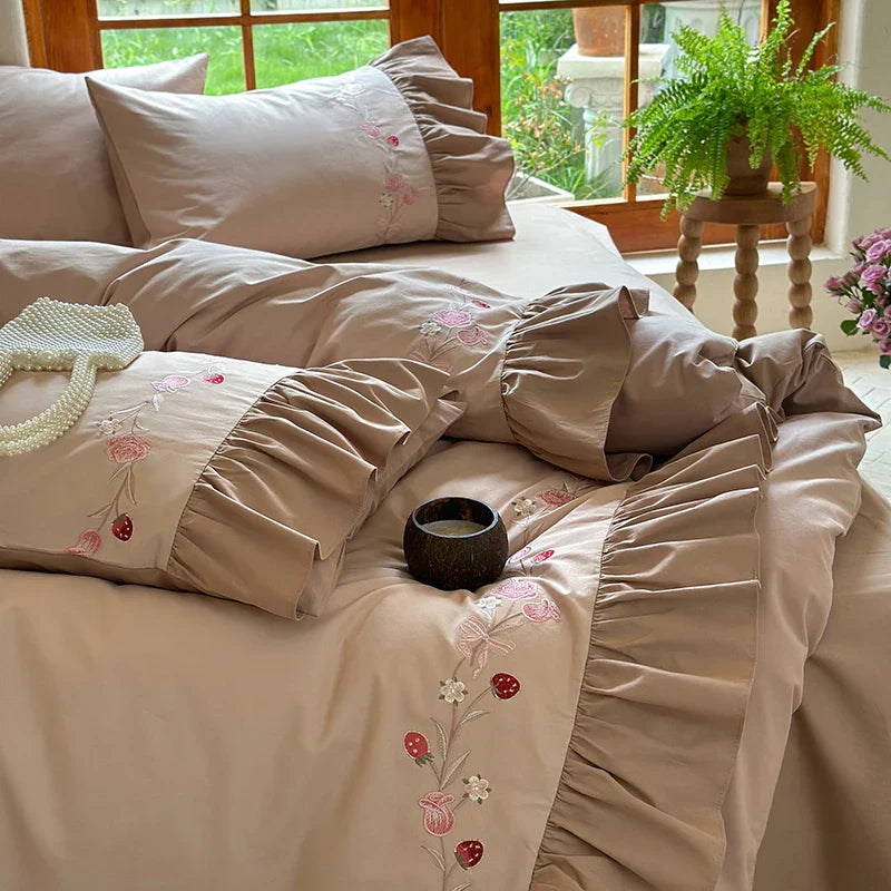 Afralia™ Korean Princess Style Embroidered Bedding Set with Pleated Ruffles in Egyptian Cotton