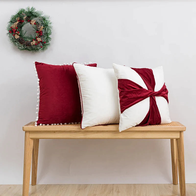 Christmas Red White Pompom Ball Cushion Covers by Afralia™