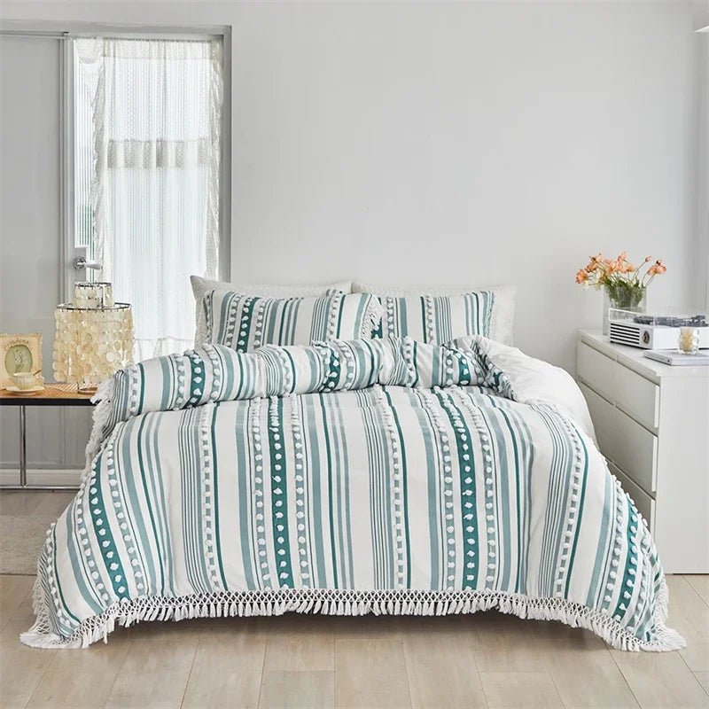 Afralia™ Boho Stripe Furball Duvet Set: High-Quality King Size Bedding with Tassels