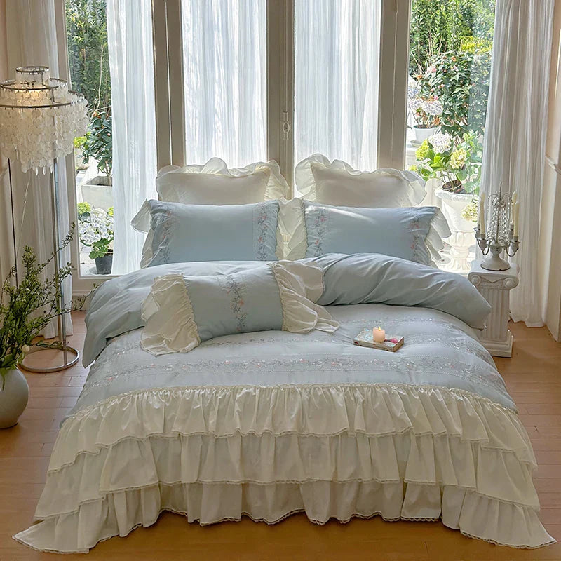 Afralia™ Luxe Three-Layer Ruffles Flowers Embroidery Cotton Girl Bedding Set 4Pcs
