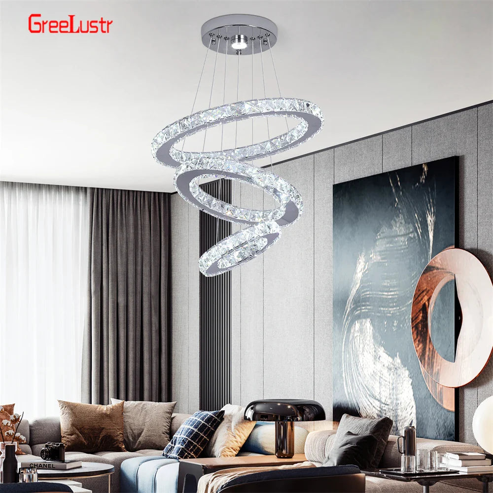 Afralia™ Crystal Chrome LED Pendant Light Rings Chandelier for Living Room Bedroom