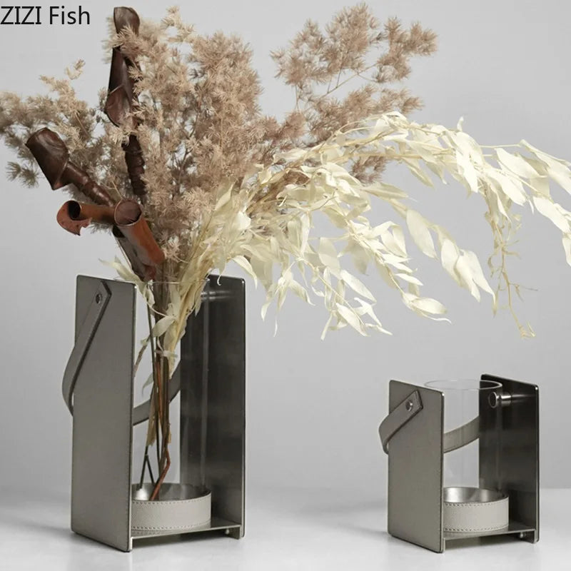 Afralia™ Leather Glass Vase Plant Pot Artificial Flowers Floral Room Decor