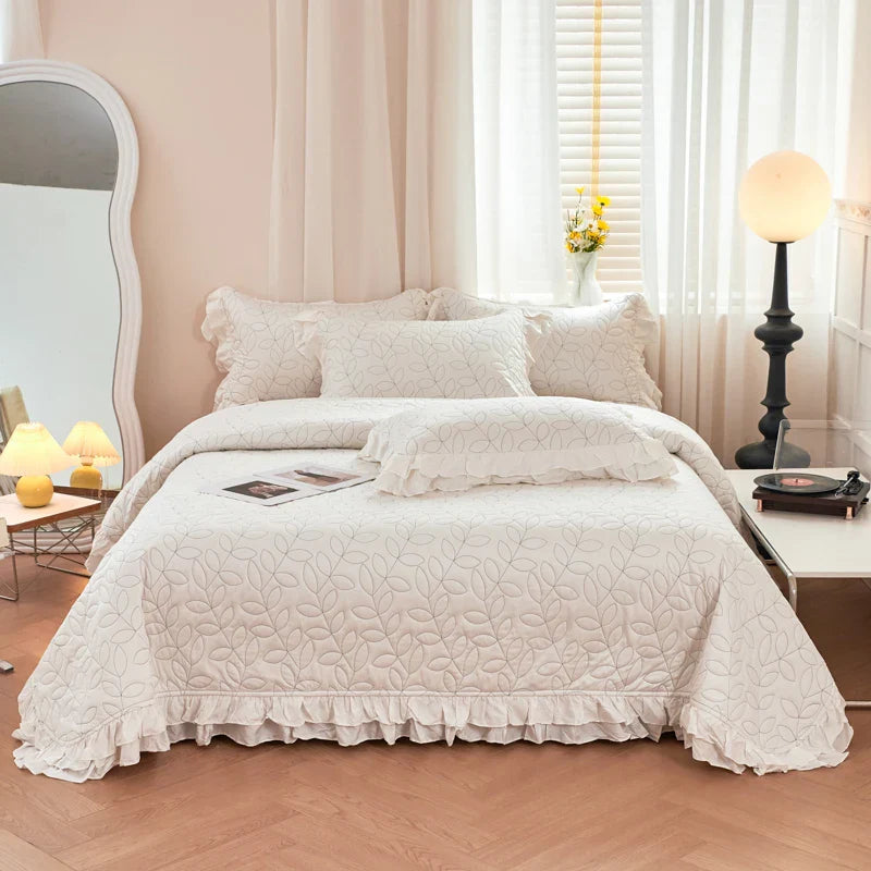 Afralia™ Leaf Embroidery Double Layer Lace Ruffles Quilt Set with Bedspread & Pillowcases