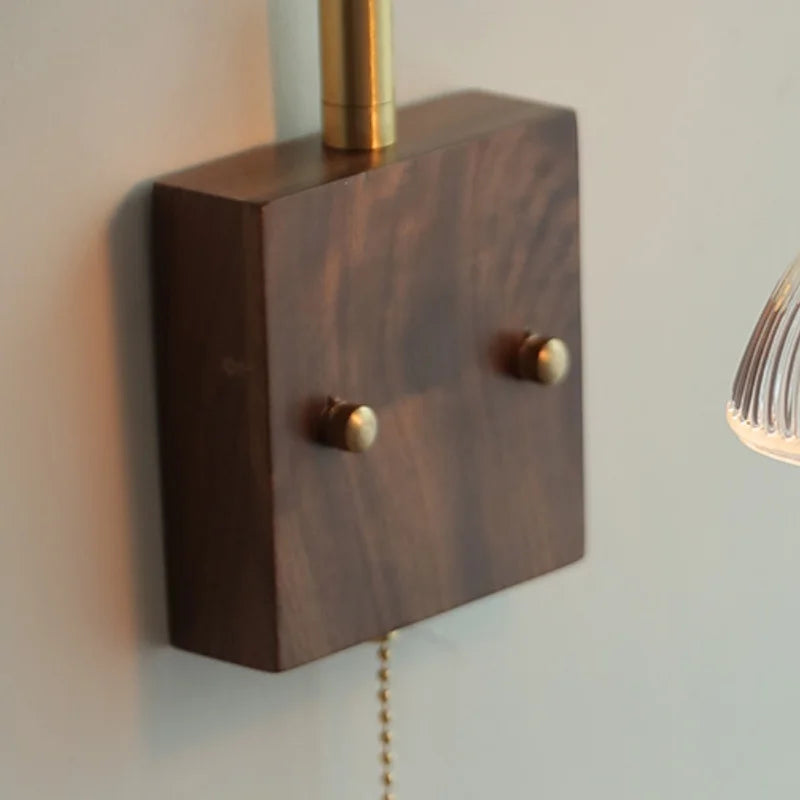Afralia™ Nordic LED Wall Lamp Walnut Wood Rotatable Copper Pull Chain Light