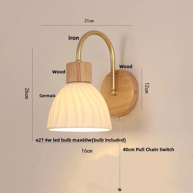 Afralia™ Nordic LED Wall Sconce Pull Chain Switch Wood Canopy Ceramic Bedside Lamp