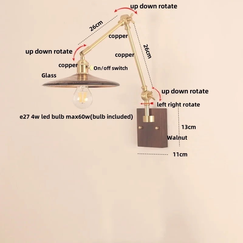 Afralia™ Cube Glass LED Wall Sconce Walnut Wood 2 Arms Rotatable Mirror Light