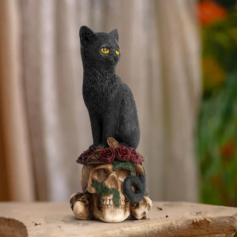 Afralia™ Resin Skull Crow Black Cat Sculpture | Creative Desktop Home Office Decor