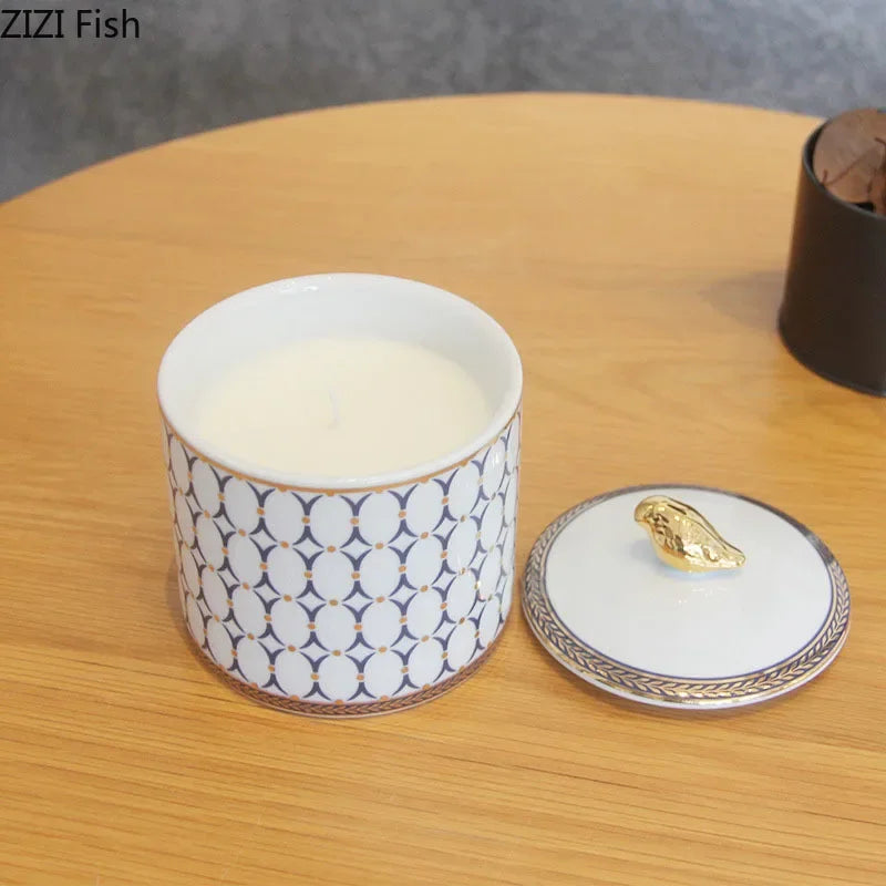 Afralia™ Gold Plated Ceramic Storage Jar with Candle Cup Cosmetic Containers Desk Decoration