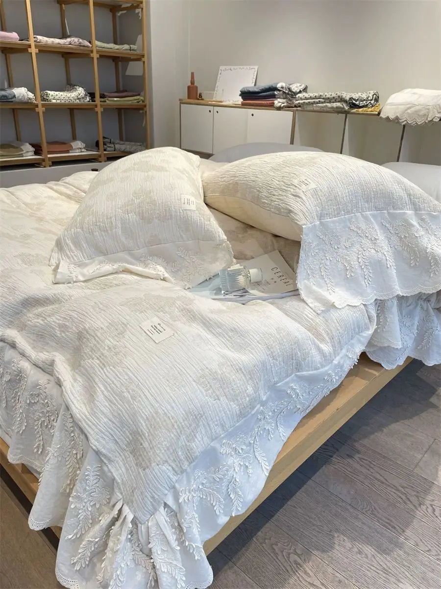 Afralia™ Vintage Jacquard Ruffles Bedding Set with Three Layers Yarn Lace