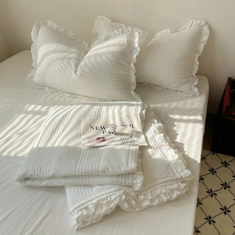 Afralia™ Korean Princess Lace Ruffles Summer Quilt Bedspread - 3Pc Bedding Set