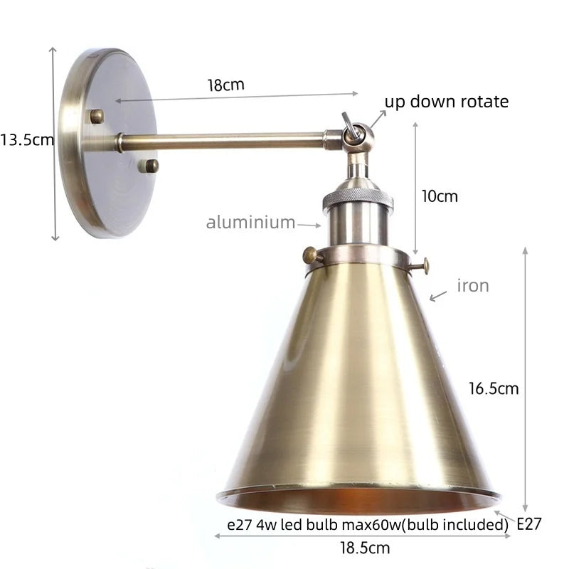 Afralia™ Vintage Industrial Gold Wall Lamp for Restaurant Coffee Bar Stair Bedroom Loft