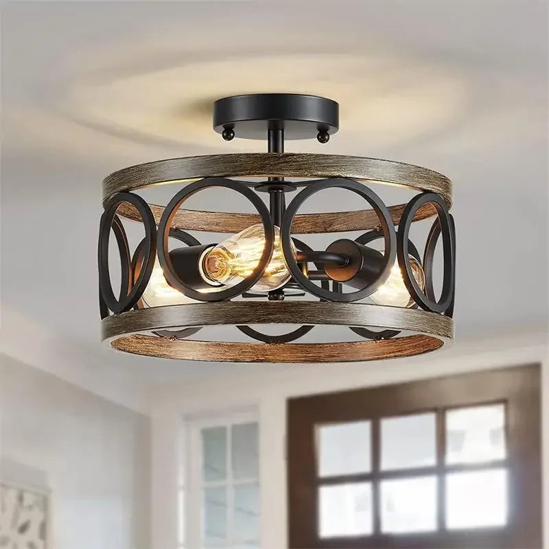 Afralia™ Industrial Farmhouse Circular Chandelier Retro Iron Art Wood Grain Ceiling Light