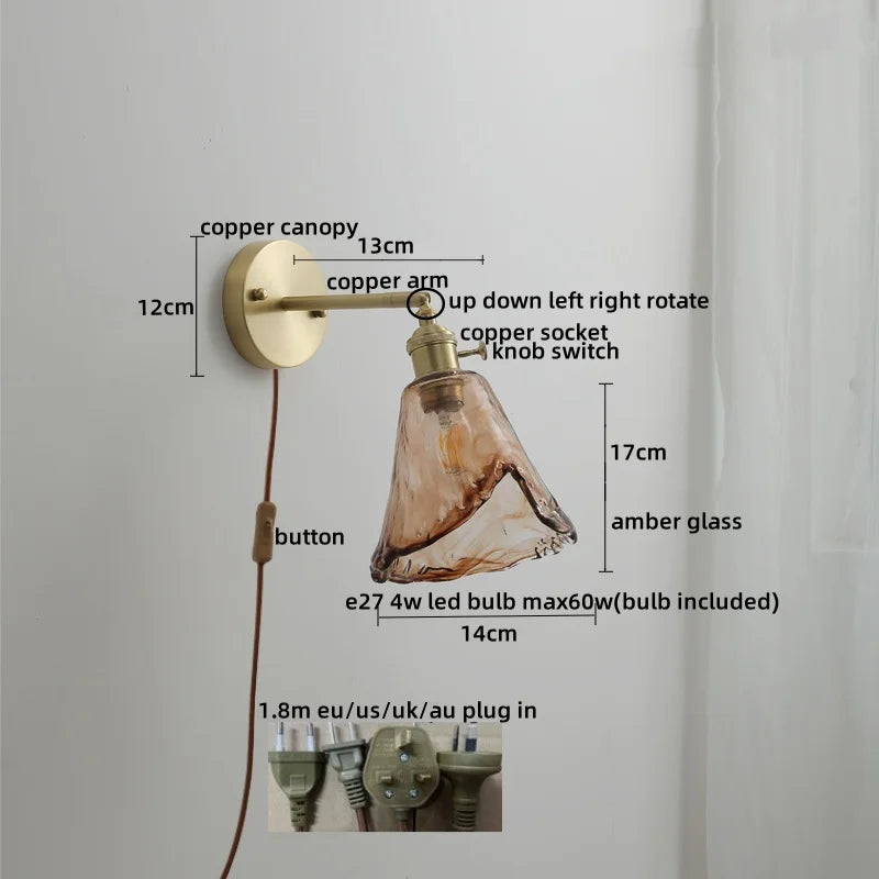 Afralia™ Glass Copper LED Wall Lamp with Knob Switch for Modern Home Decor