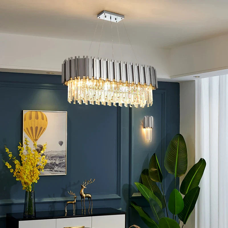 Afralia™ Black Gold Crystal Oval LED Hanging Chandelier Lighting Fixture