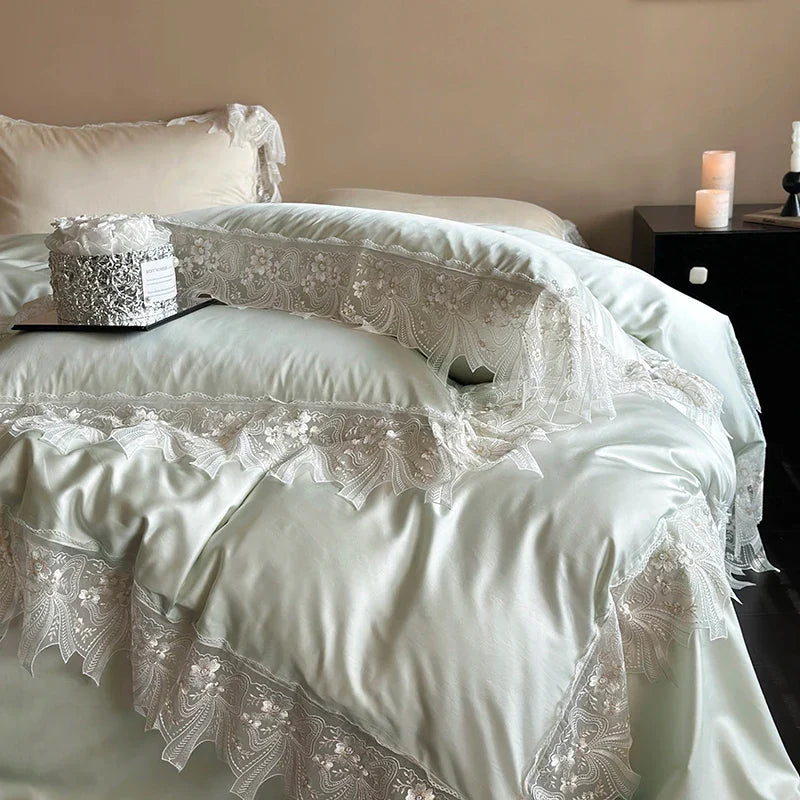 Afralia™ Romantic Lace Ruffles Bedding Set in Lyocell Cotton, Silky Duvet Cover, Bed Sheet, Pillowcases