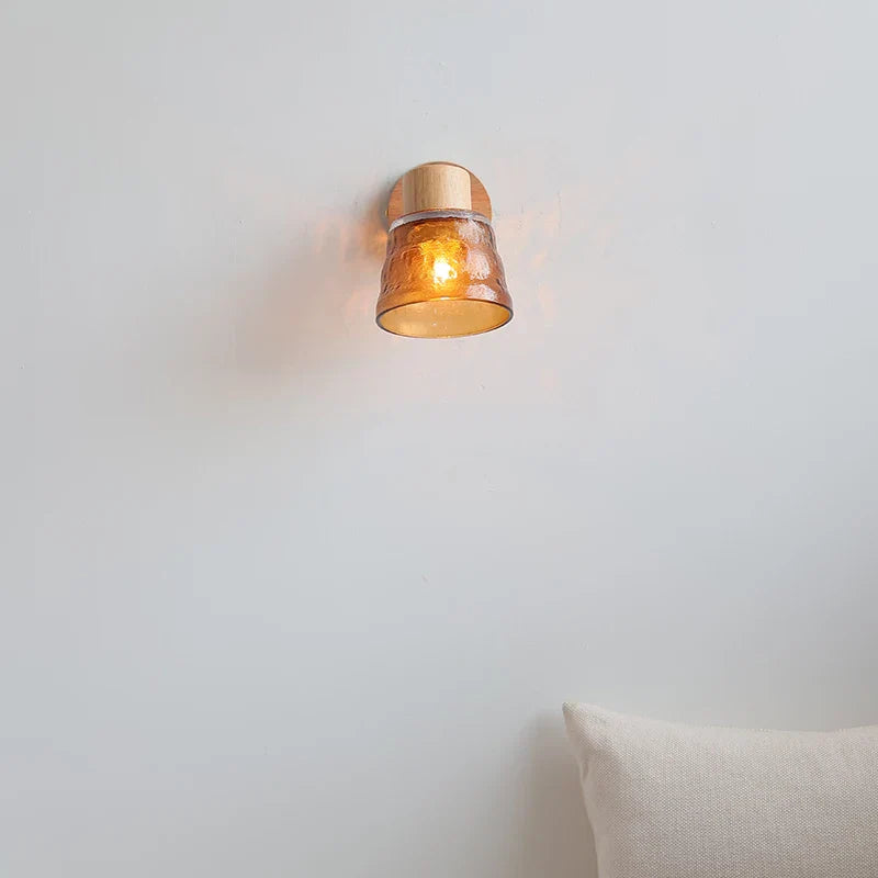 Afralia™ Amber Glass LED Wall Sconce Nordic Modern Wood Pull Chain Switch Stair Light