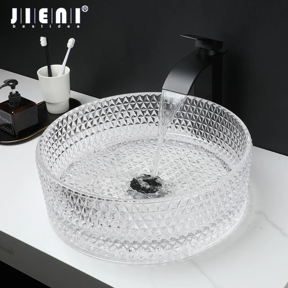 Afralia™ Diamond Glass Basin Set with Matte Black Faucet and Pop-up Drain Mixer Tap
