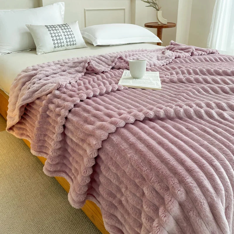 Afralia™ Faux Rabbit Plush Striped Blanket: Nordic Coral Velvet Carpet for Napping & Quilting.