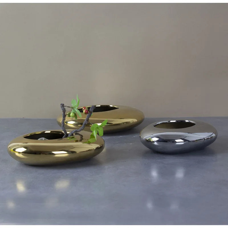 Afralia Silver Cobblestone Ceramic Vase Geometric Oval Flower Pot Home Decor