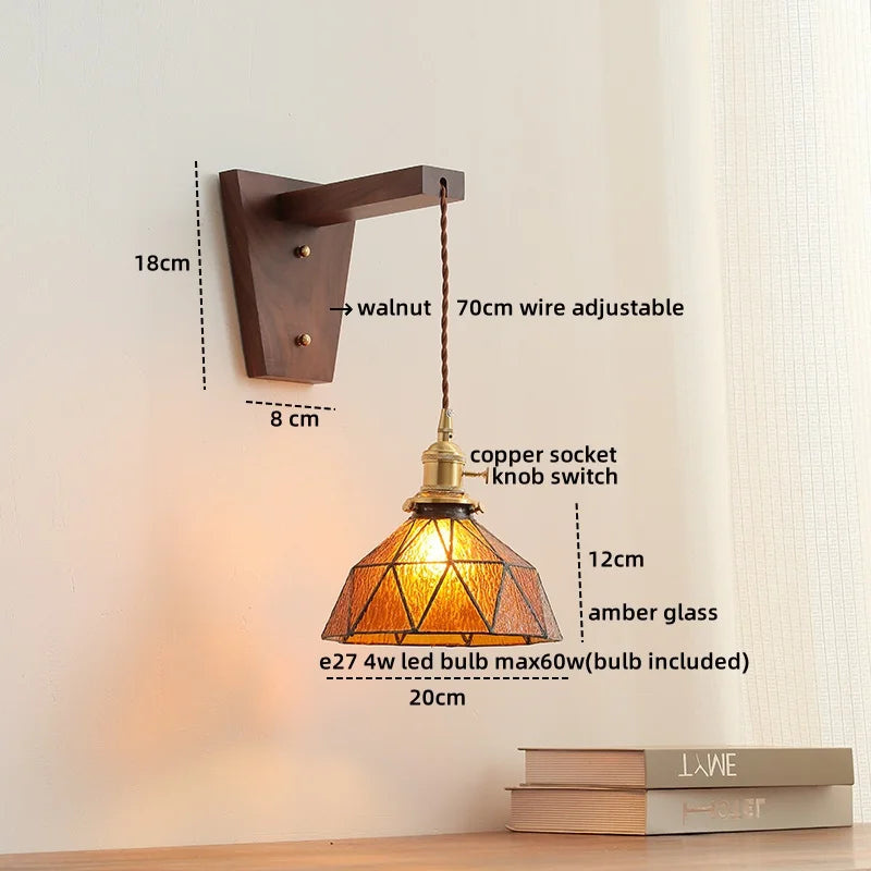 Afralia™ Walnut Glass LED Wall Light Fixture | Modern Bedroom Bathroom Living Room Lamp