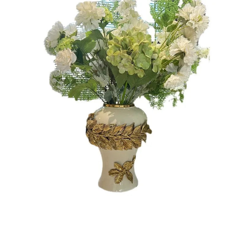 Afralia™ Golden Leaves Ceramic Flower Vase with Hand-embossed Flowers for Flower Arrangement