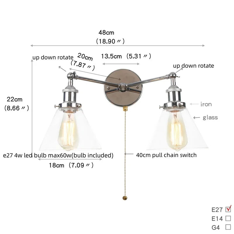 Afralia™ Retro LED Wall Light with Pull Chain Switch, 2 Heads Sconce for Living Room