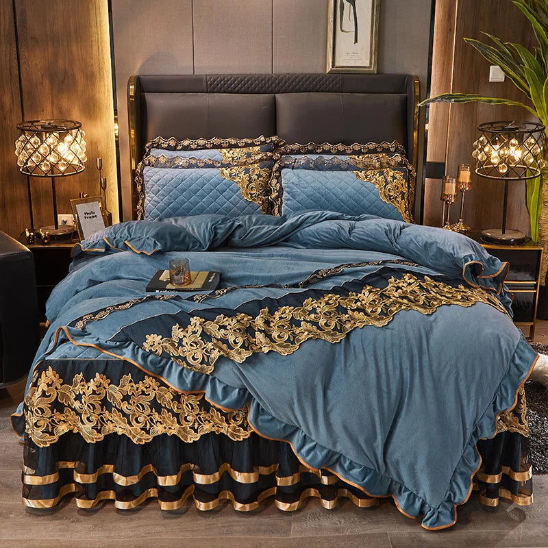 Afralia™ Black Gold Lace Duvet Set, Luxury Crystal Velvet, Quilted Embroidery, Ruffle Bedding