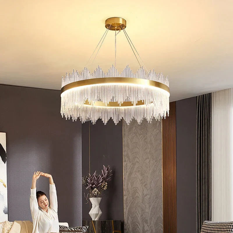 Afralia™ Gold LED Circle Crystal Chandelier: Elegant Home Pendant Lighting for Living Room, Bedroom, Kitchen
