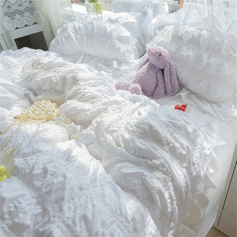 Afralia™ Princess Seersucker Kawaii Bedding Set | Lovely Ruffles Duvet Cover | Soft Comfortable Bed Sets