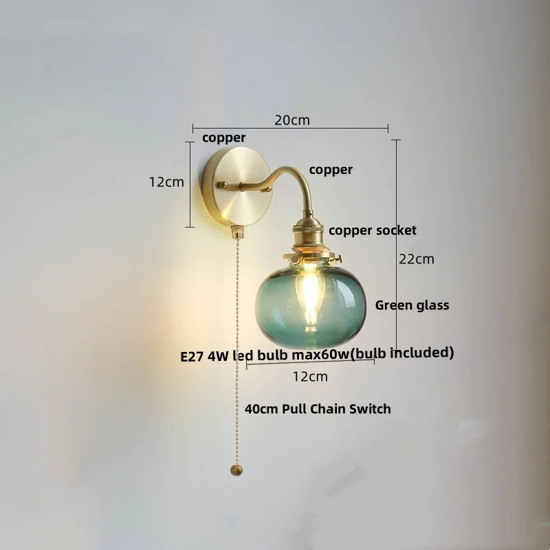 Afralia™ Green Class Ball LED Wall Light Fixture, Copper Socket, Pull Chain Switch