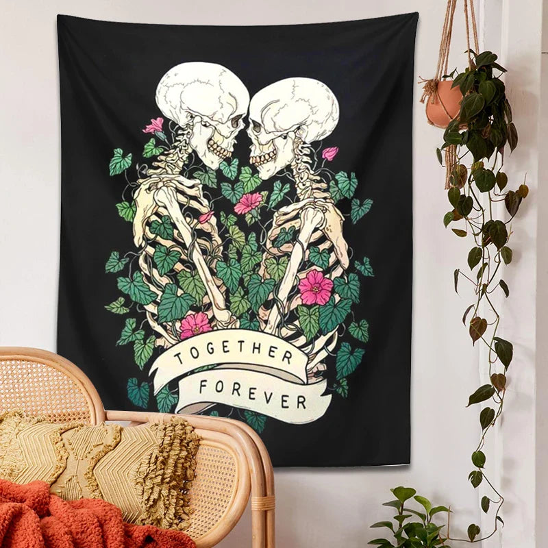 Afralia™ Lover Skeleton Tapestry Wall Hanging With Rose Flower Psychedelic Boho Blanket