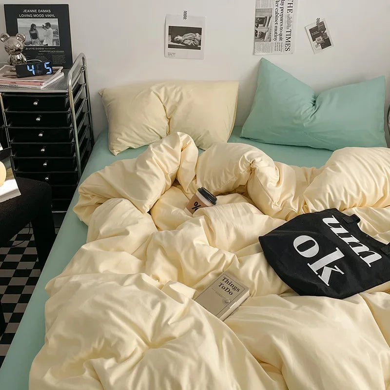 Afralia™ Washed Cotton Bed Set - Soft & Breathable 4-Piece Solid Color Duvet Cover Bed Sheet