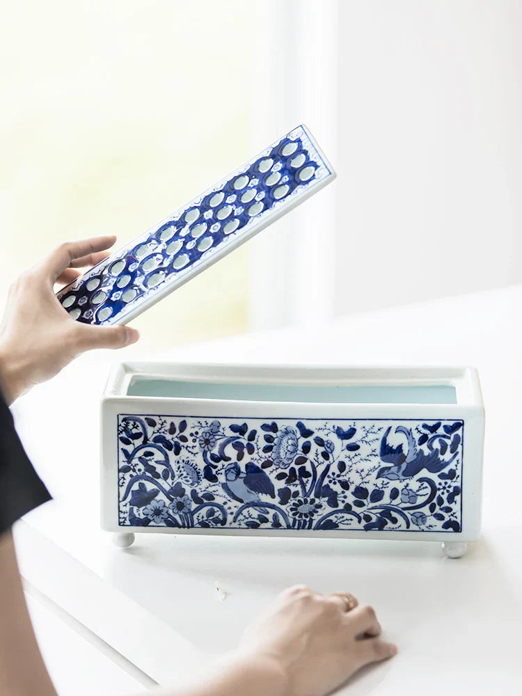 Afralia™ Blue White Porcelain Square Flowerpot Vase Chinese Retro Home Decor