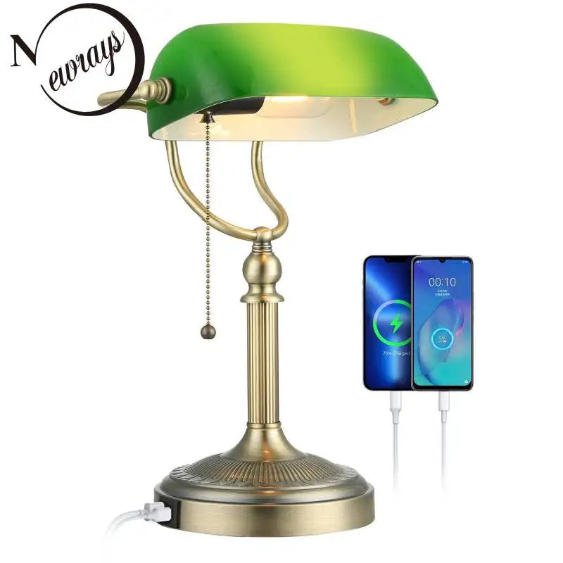 Afralia™ Green Glass Bankers Desk Lamp with USB Charging Port and Pull Chain Switch