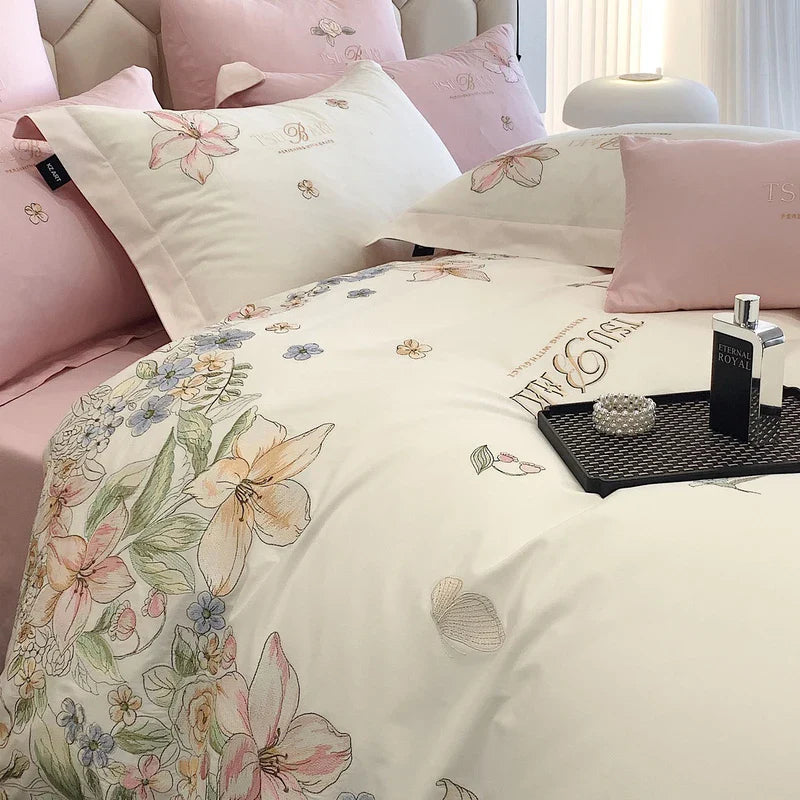 Afralia™ Flowers Embroidery 100% Egyptian Cotton Bedding Set, White/Pink