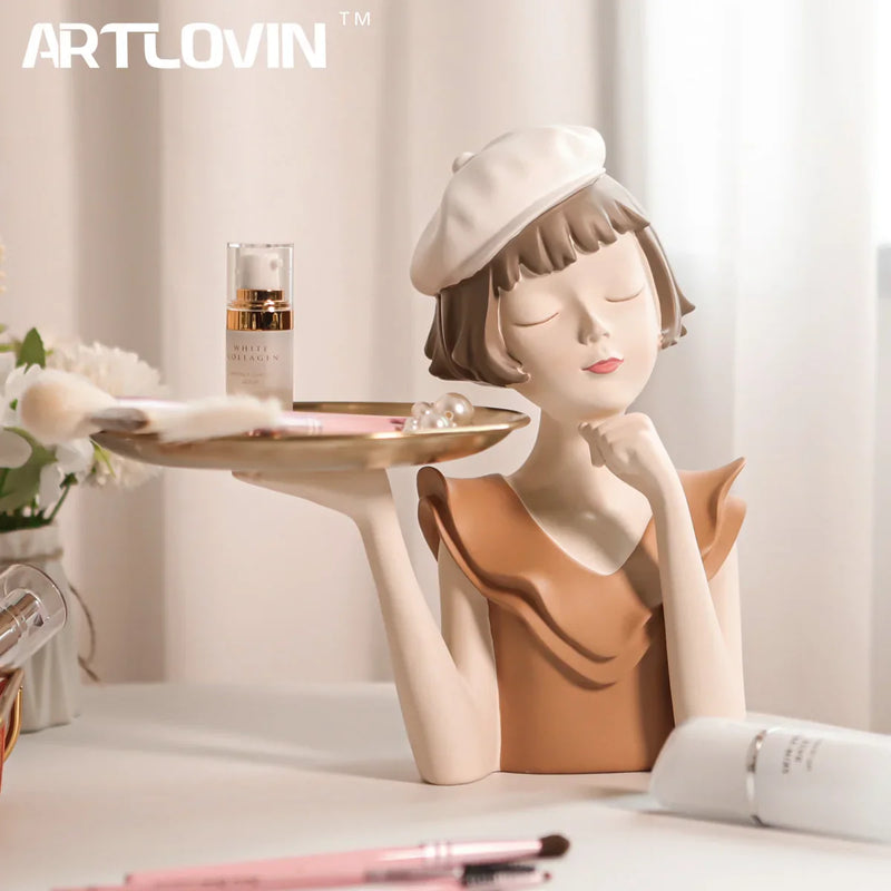 Afralia™ Balloon Girl Bust Vase and Tray Set - Modern Resin Sculptures for Living Room Decor