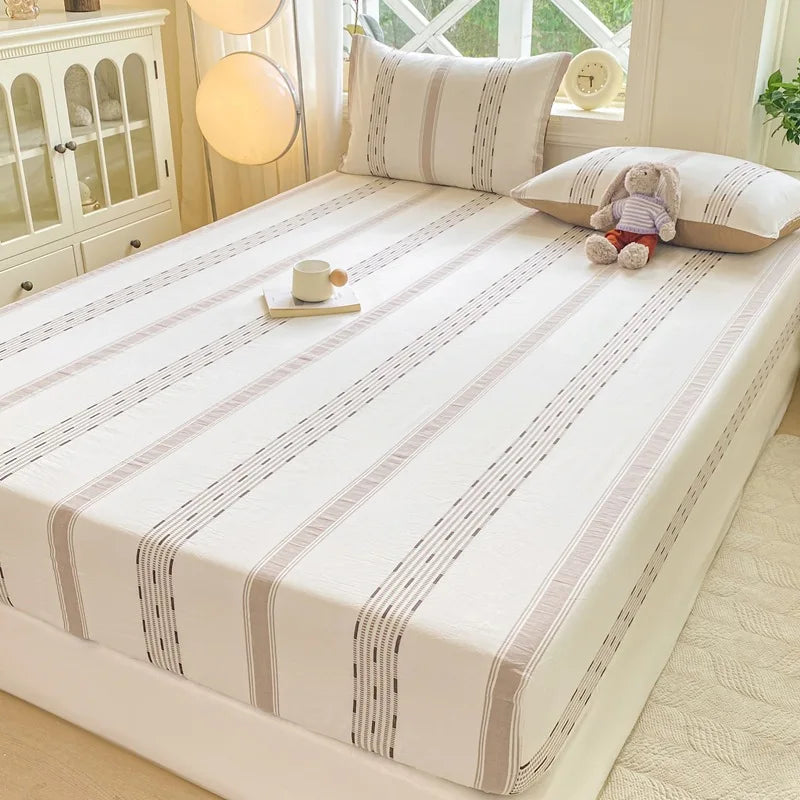 Afralia™ Cotton Jacquard Fitted Sheet Set with 2 Pillowcases, Dustproof & Anti-Slip