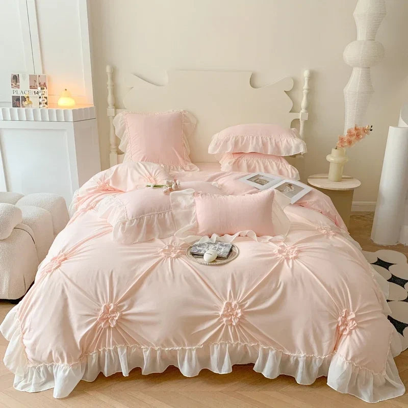 Afralia™ Lace Princess Bedding Set: Romantic Ruffles & Bow Duvet Cover, Sheet, Pillowcases
