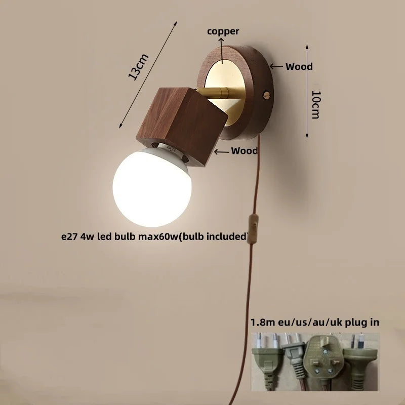 Afralia™ Modern Copper Wood LED Wall Lights with Pull Chain Switch for Bedroom Vanity.