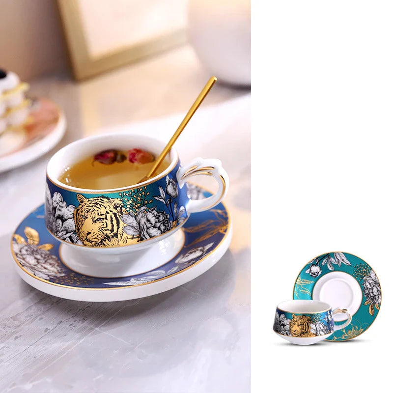 Afralia™ Tiger Pattern Porcelain Cup & Saucer Set - Exquisite Coffee Mug