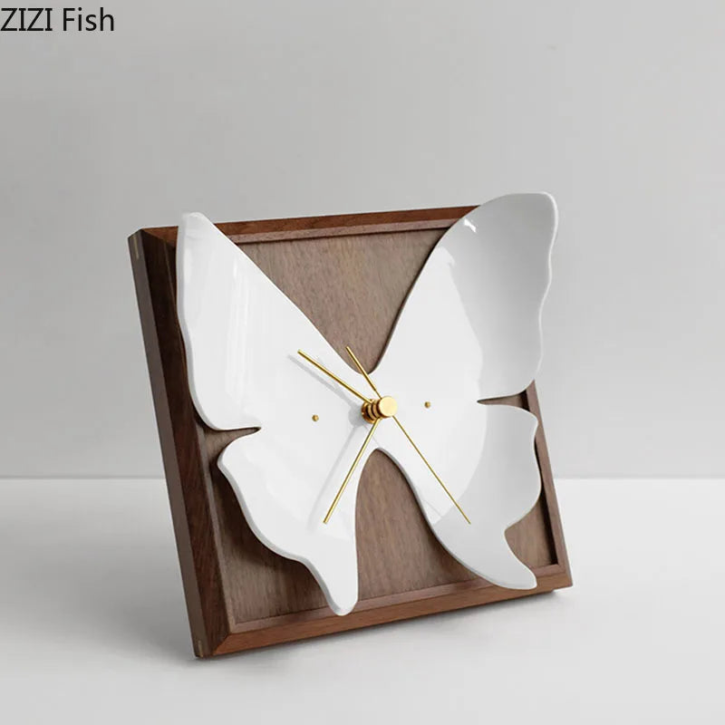 Afralia™ White Butterfly Table Clock - Silent Sweep Needle, Wood Frame Wall-mounted Timepiece