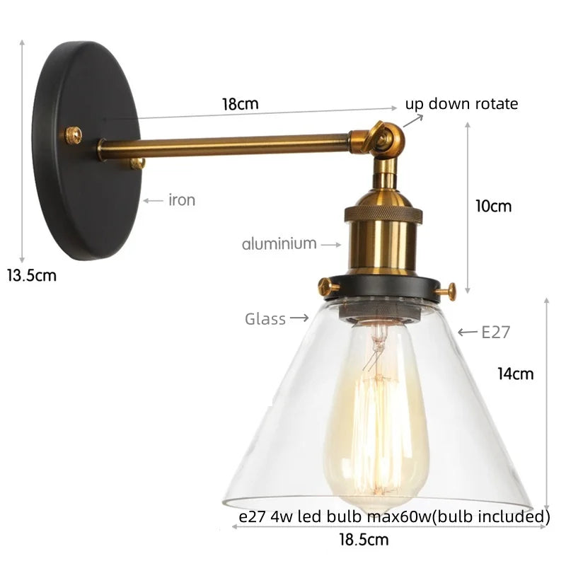 Afralia™ Clear Glass Iron LED Wall Sconce Rustic Industrial Vintage Plug In Light