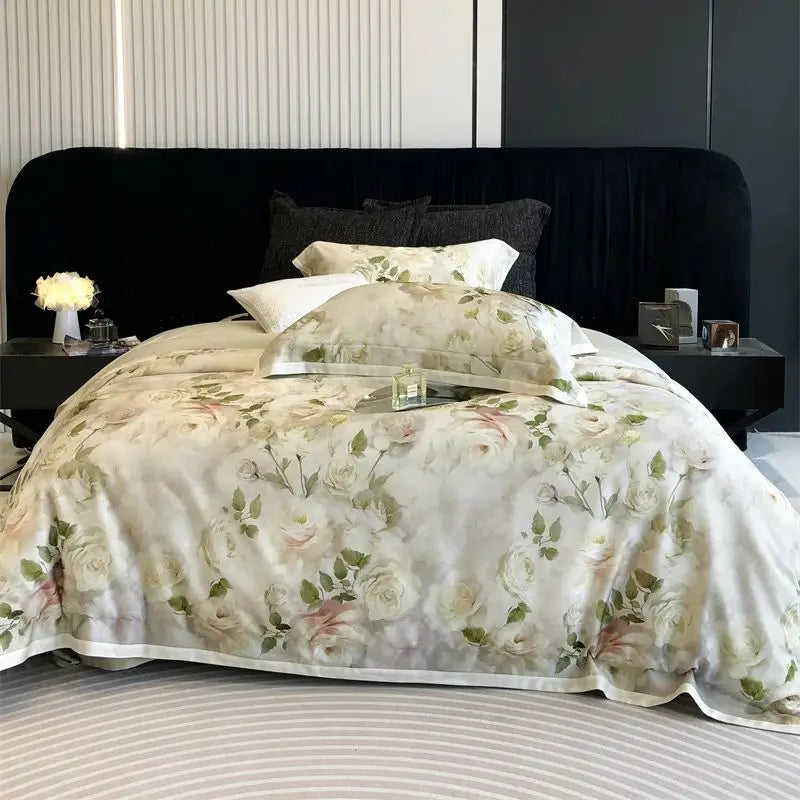 Afralia™ Pink Rose Flowers Print Bedding Set - 4Pcs