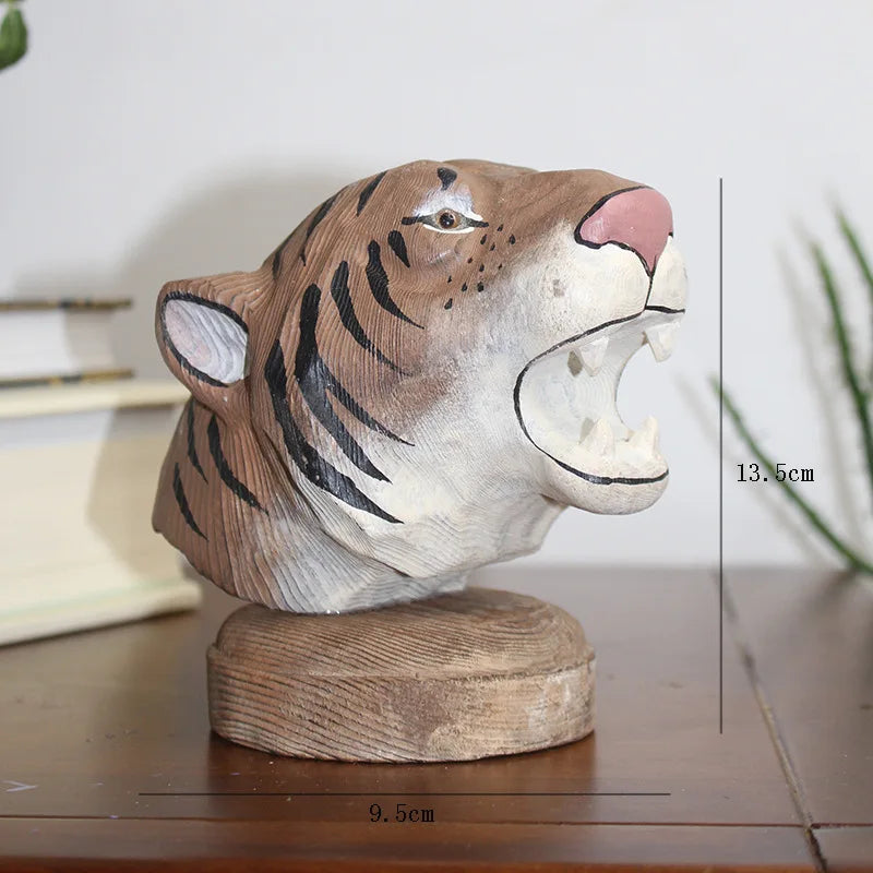 Afralia™ Woodcarving Animal Head Sculpture Pine Ornaments Home Decor Accessory