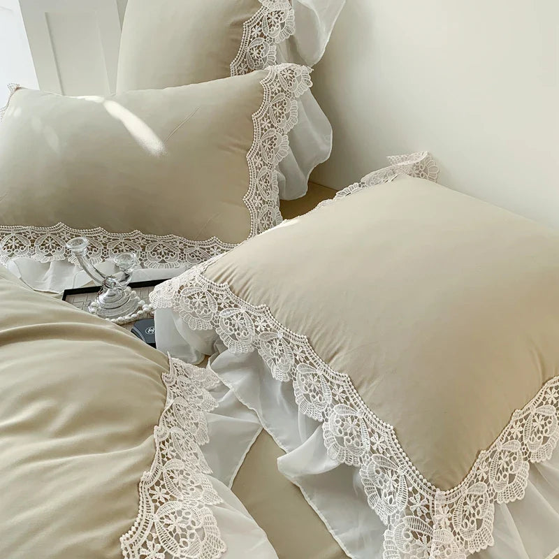 Afralia™ Matcha Green French Chiffon Lace Queen Bedding Set with Ruffles & Embroidery
