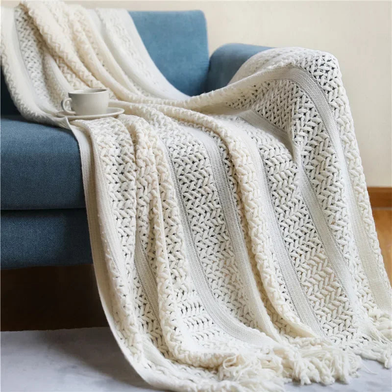 Afralia™ Nordic Knitted Sofa Blanket with Tassels - Solid Color Siesta Shawl Blanket