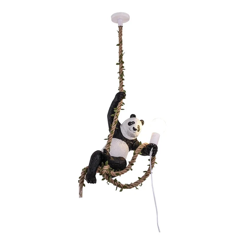 Afralia™ Resin Panda Pendant Light: Vintage Loft Hemp Rope Hanging Chandelier